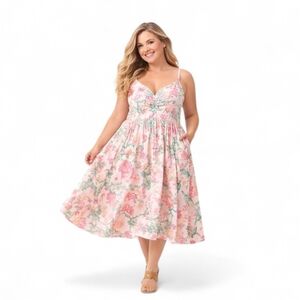 Torrid 4X Pink Floral Cream Midi Dress Tie-Back Pockets Fully Lined NWT